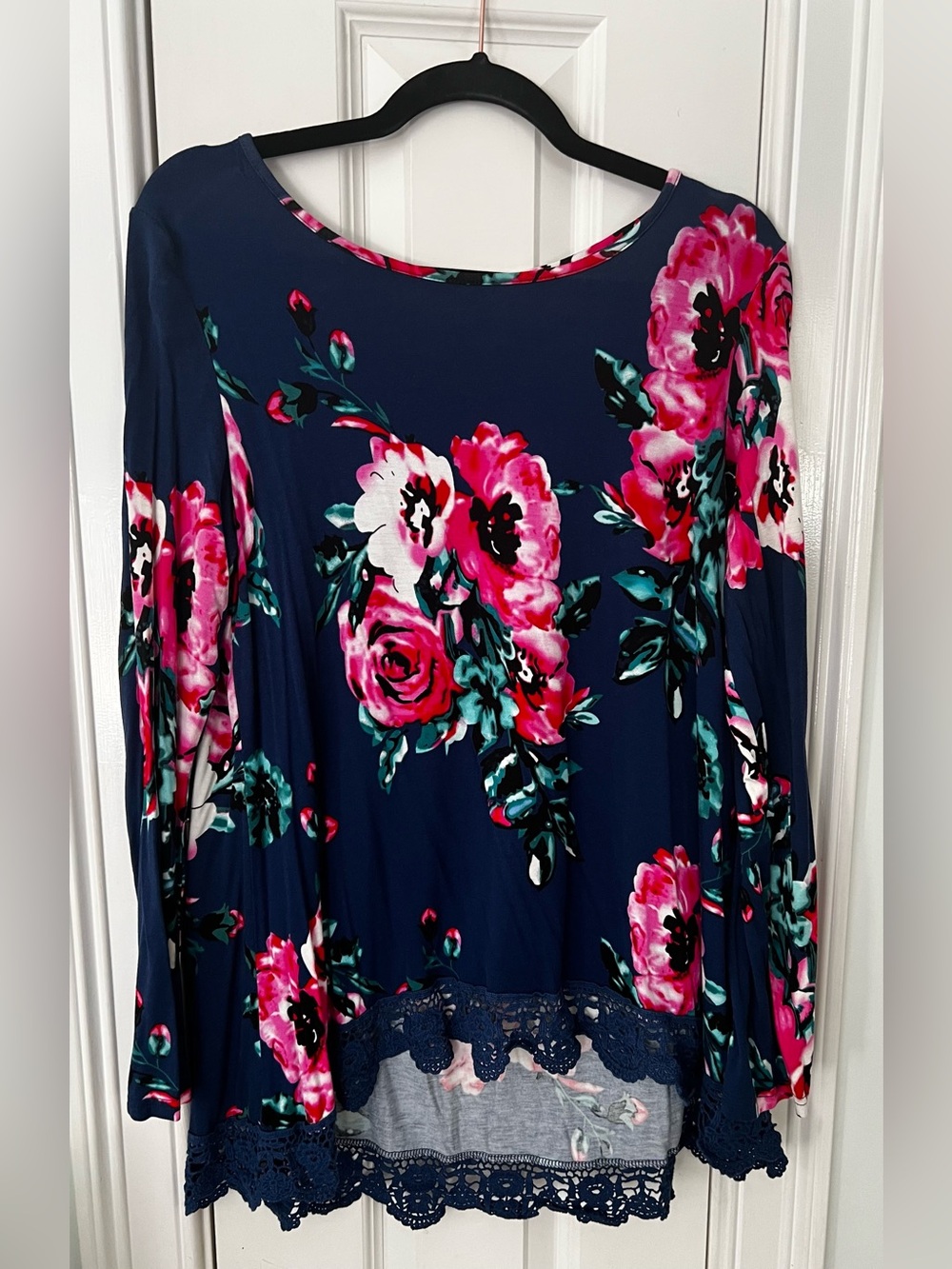 Navy Floral Long-Sleeve Blouse with Lace Trim